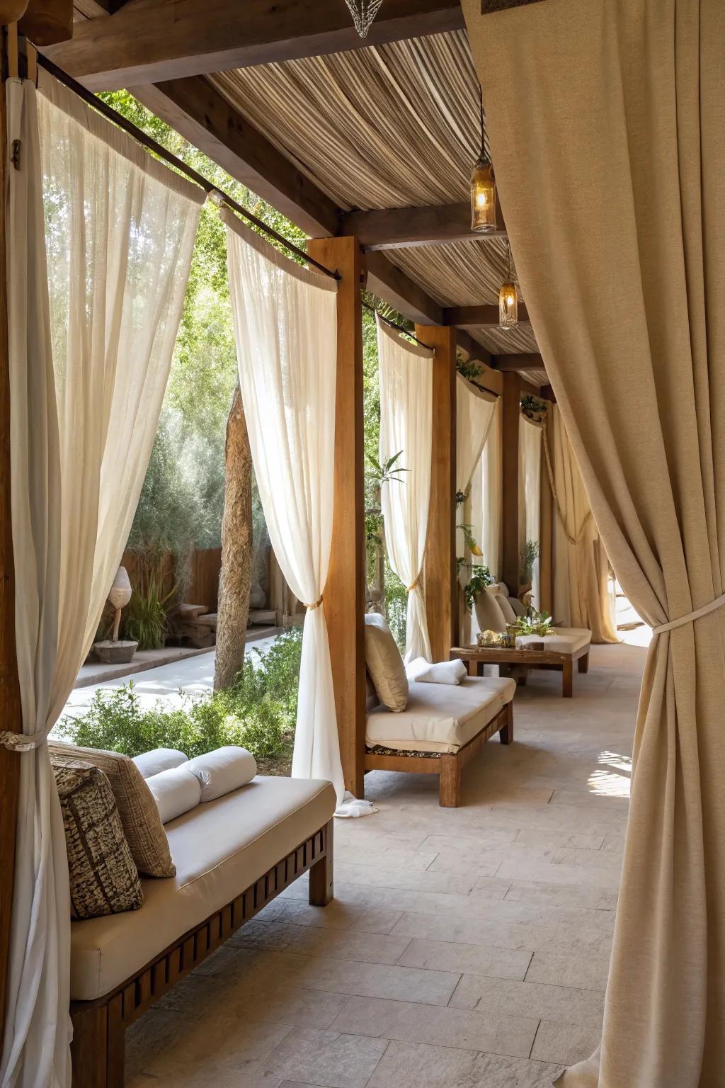 Earthy hue curtains create a peaceful sanctuary.