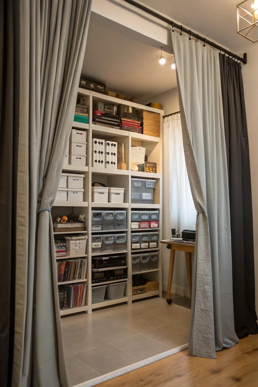 Maximize space with curtains and shelving.