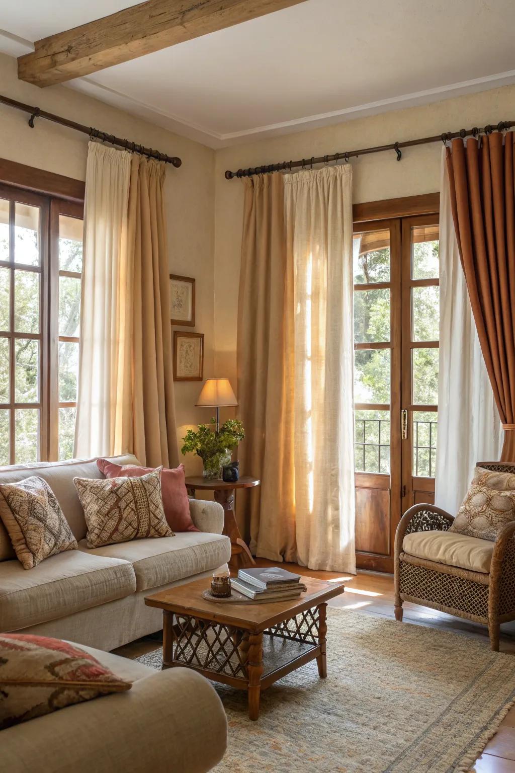 Earthy tones in window coverings create a warm and inviting atmosphere.