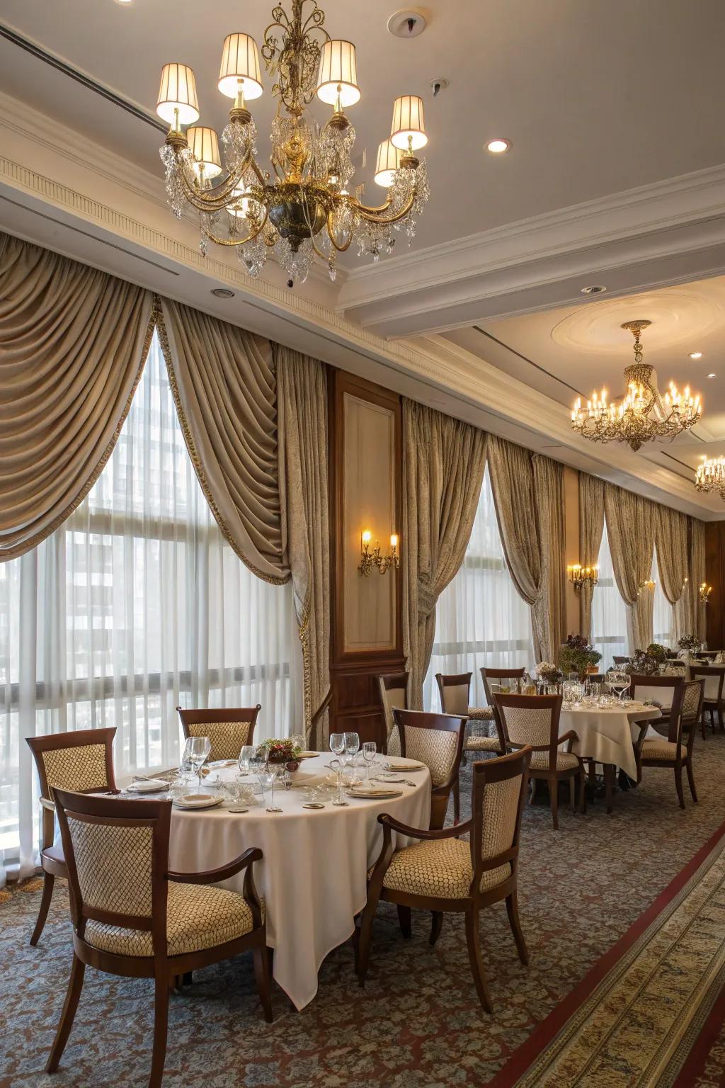 Silk drapes provide an opulent element over shades.