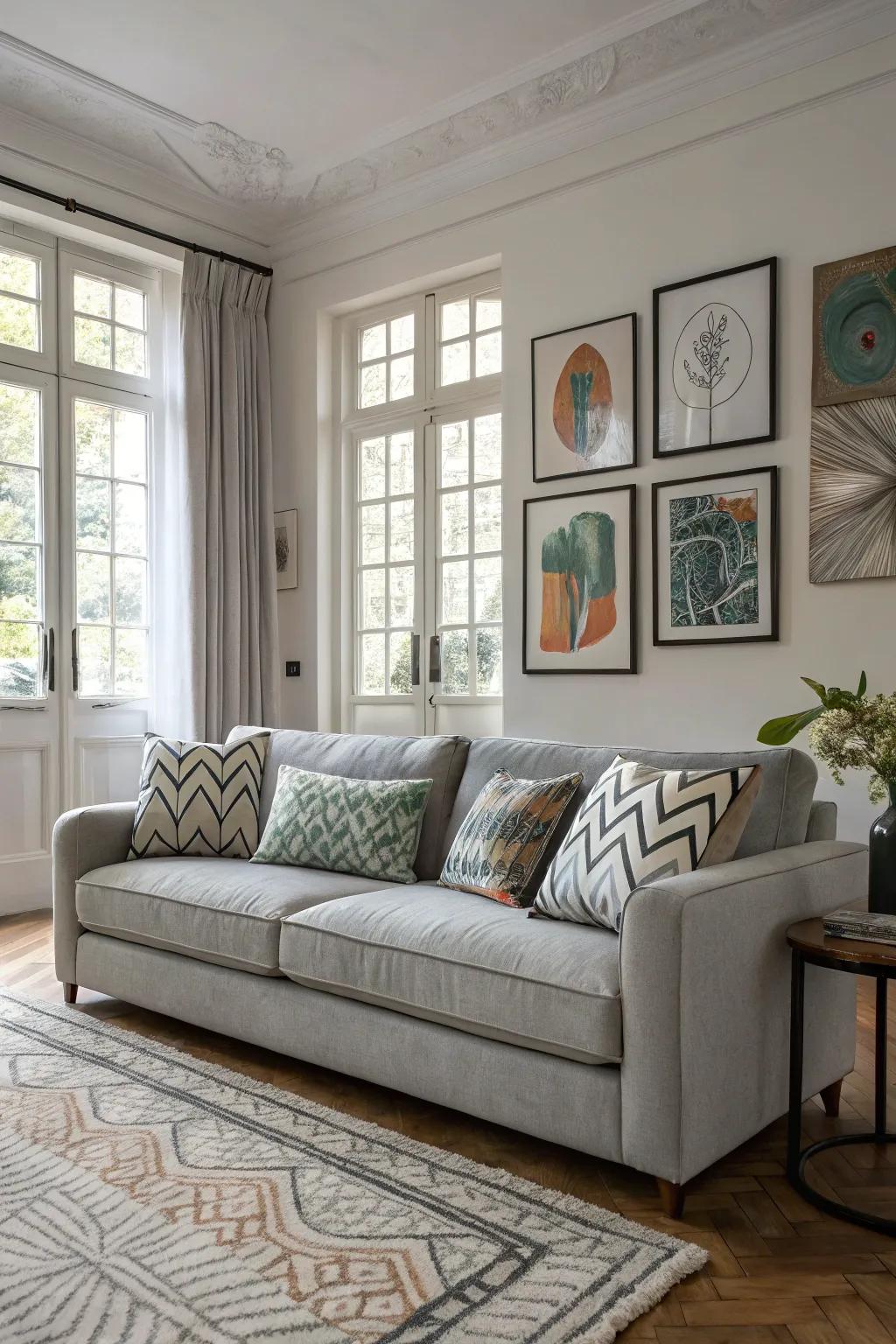 Abstract designs contribute a creative flair to a grey sofa.