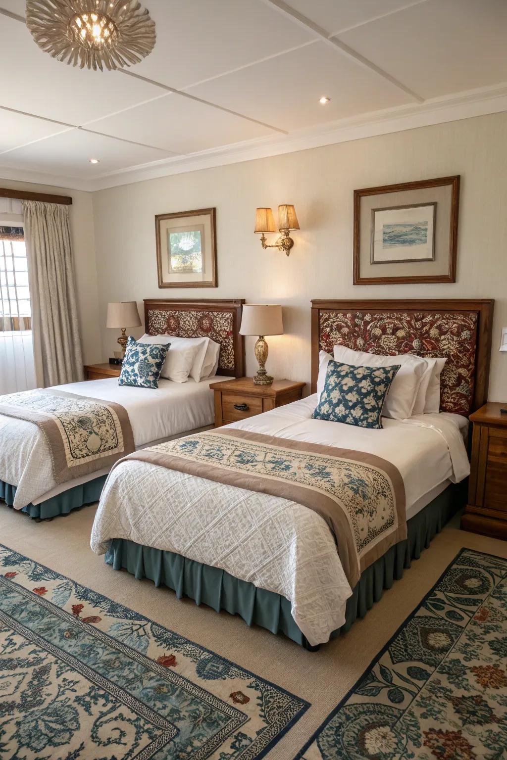 Symmetrical single beds fashion a balanced and elegant visual.