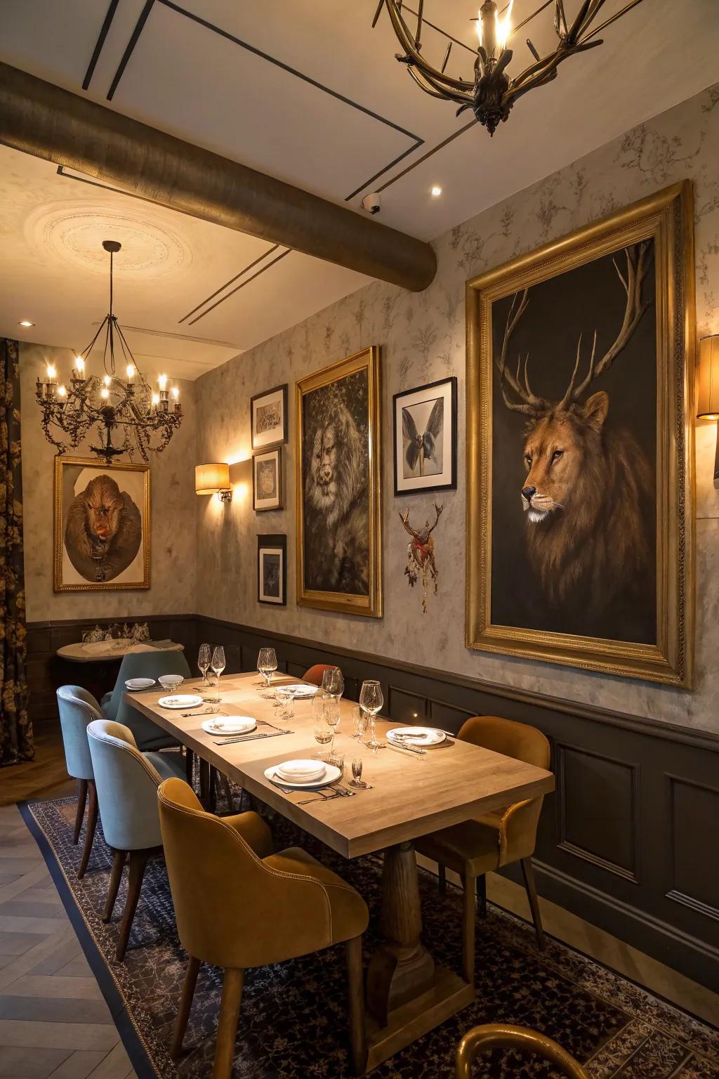 Surreal bestial portrayals injecting an unforeseen element into a dining space.
