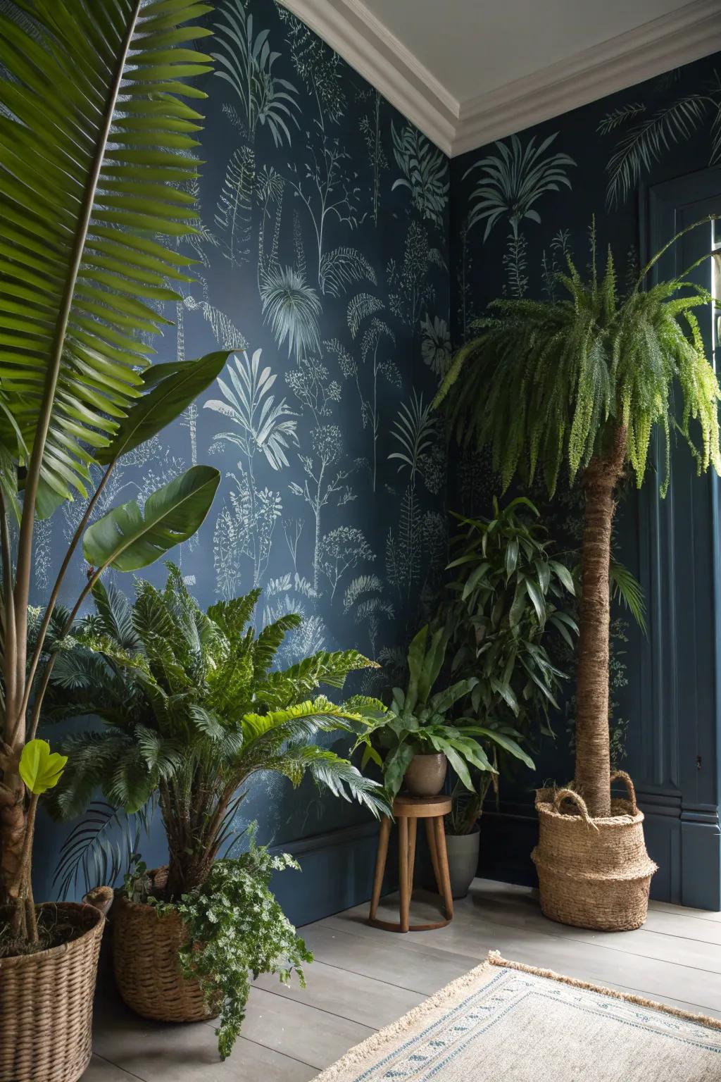 Create a tropical escape with exotic deep blue wall covering.