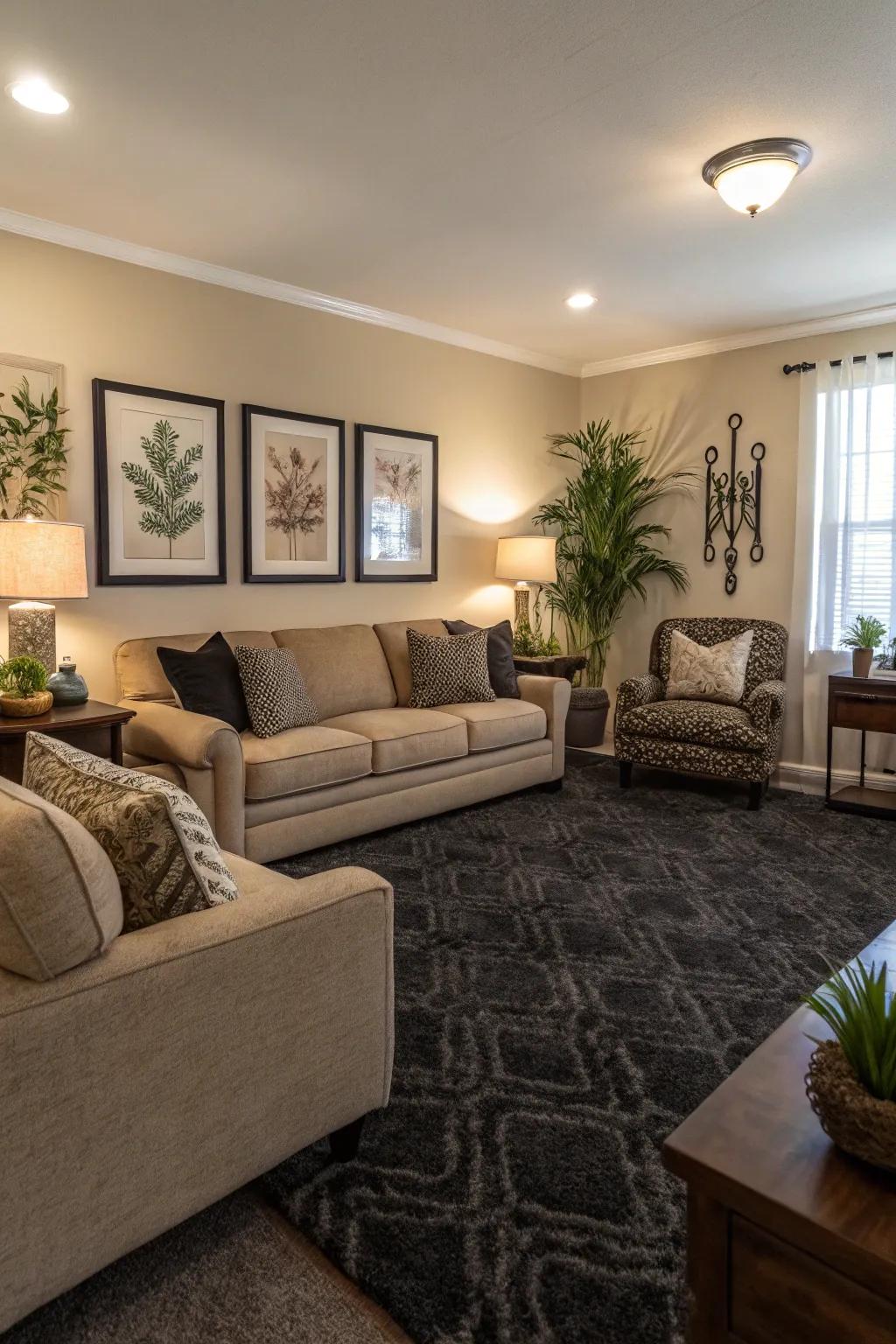 Organized decor that enhances the elegance of dark carpet.