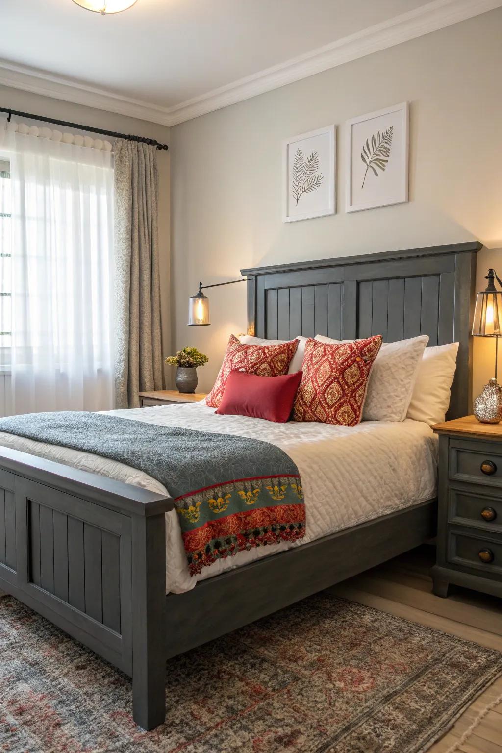 A gray-themed bedroom is given energy and contrast by a burst of color.