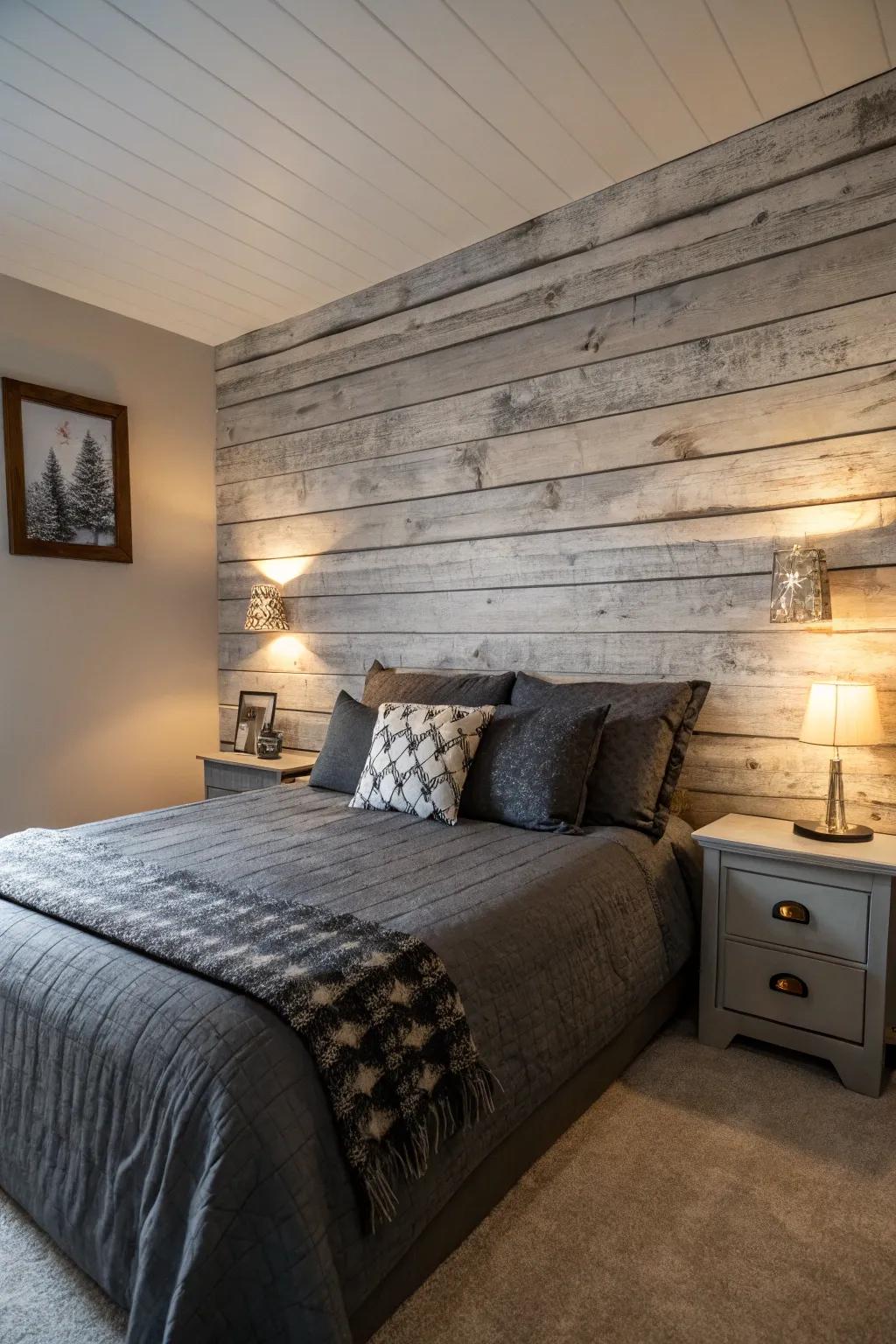 Rough walls fashion an intriguing backdrop for deep charcoal bedding.