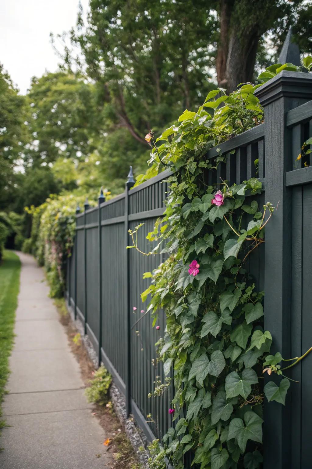 A deep charcoal barrier transformed into a lush living wall with climbing plants.