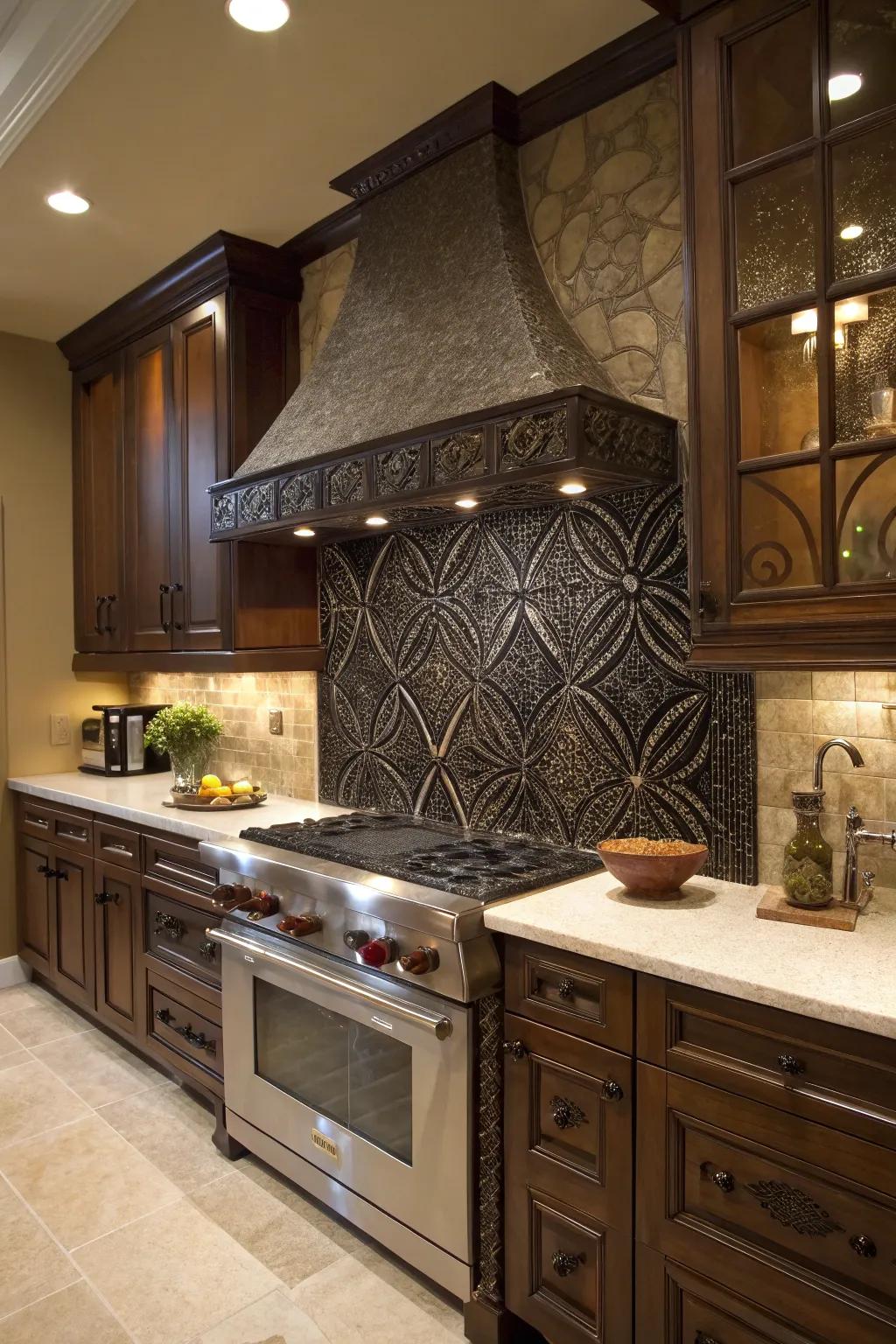 A kitchen featuring a stunning dark mosaic backsplash as an artistic focal point.