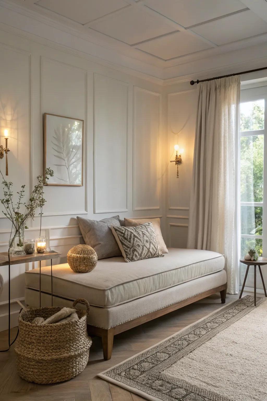 A daybed design in neutral tones that fosters calm and harmony.