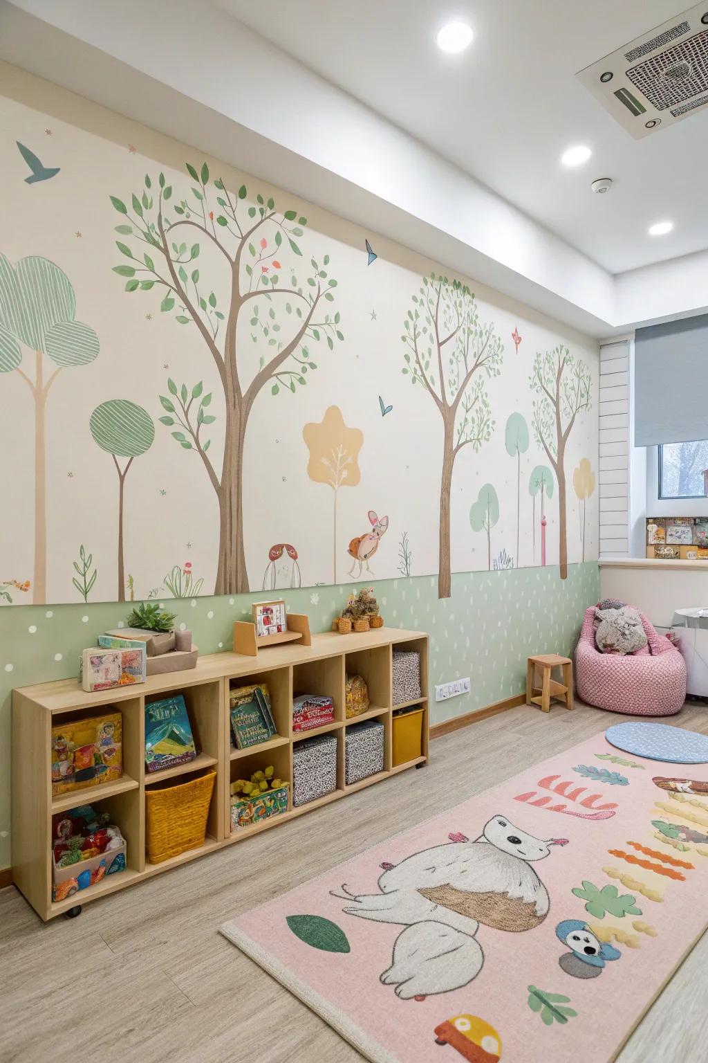 A daycare room promoting sustainability with earth-friendly wallpaper.