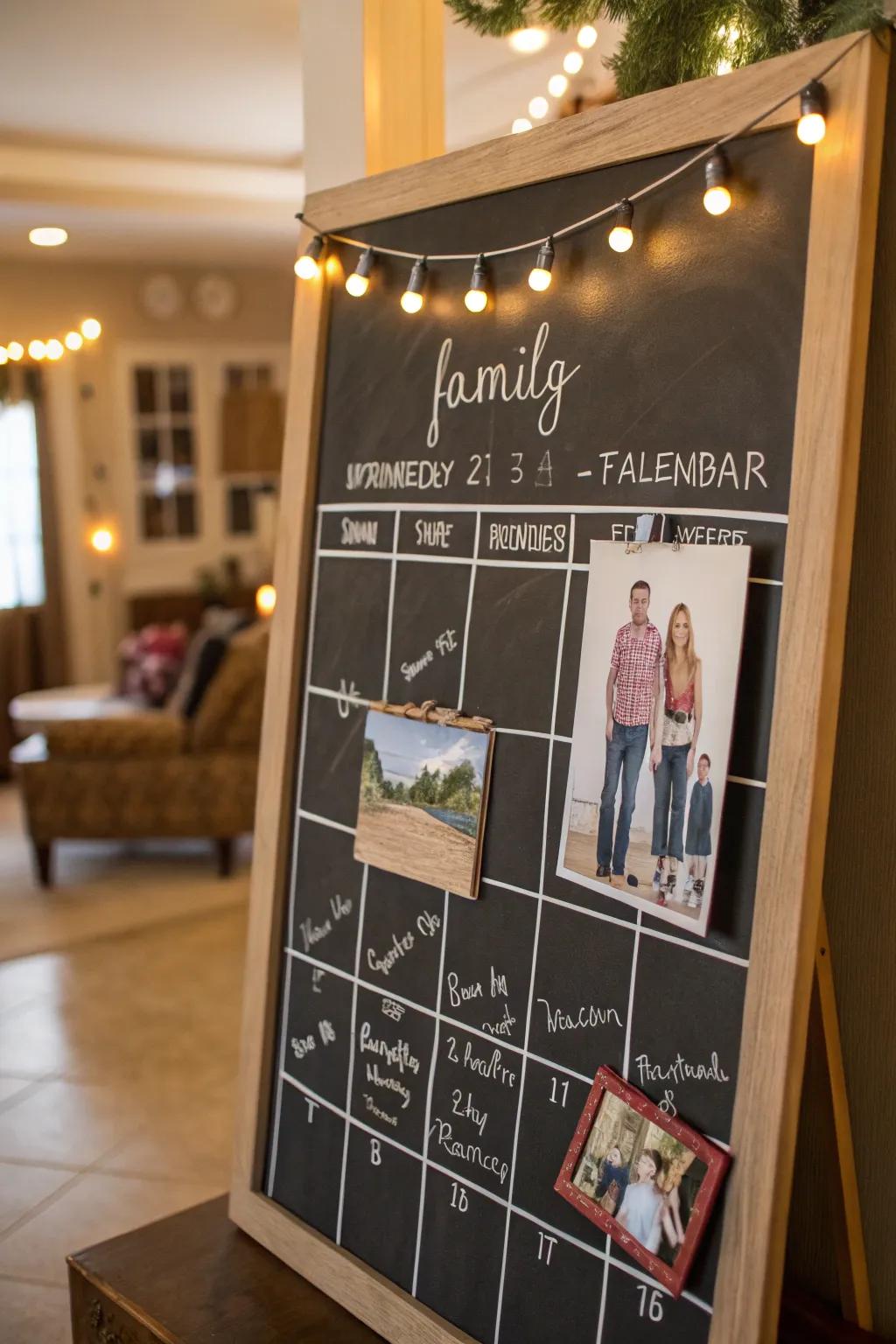 A tailored chalkboard calendar featuring kin snapshot highlights.