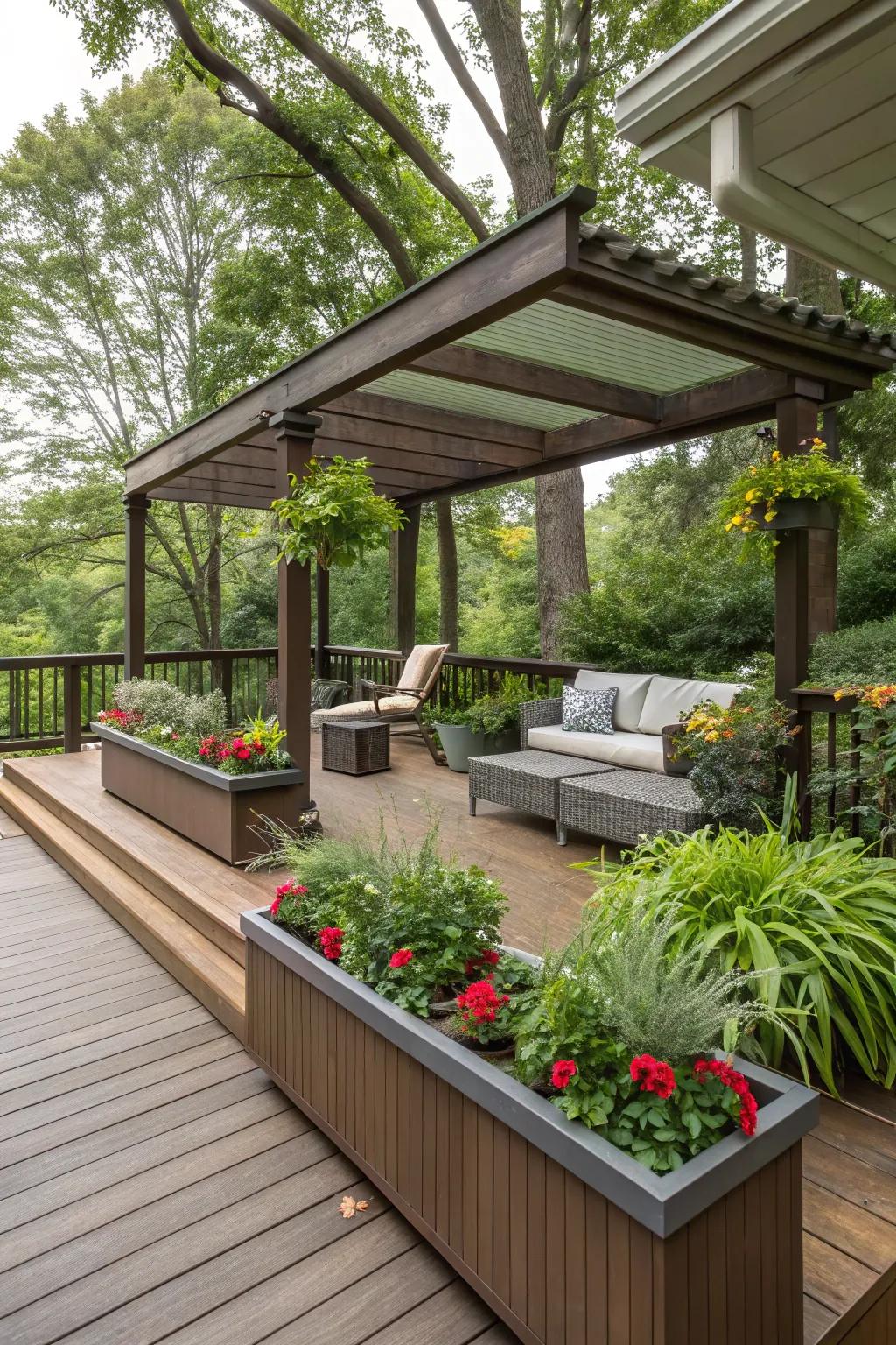 Covered seating with growers consolidates comfort and greenery.