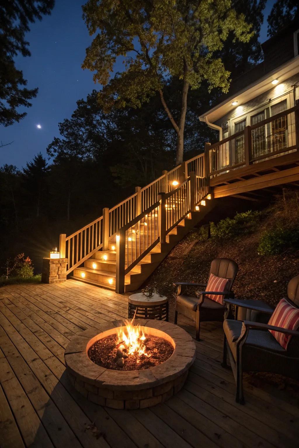 Fire pit lighting fashions a warm gathering point