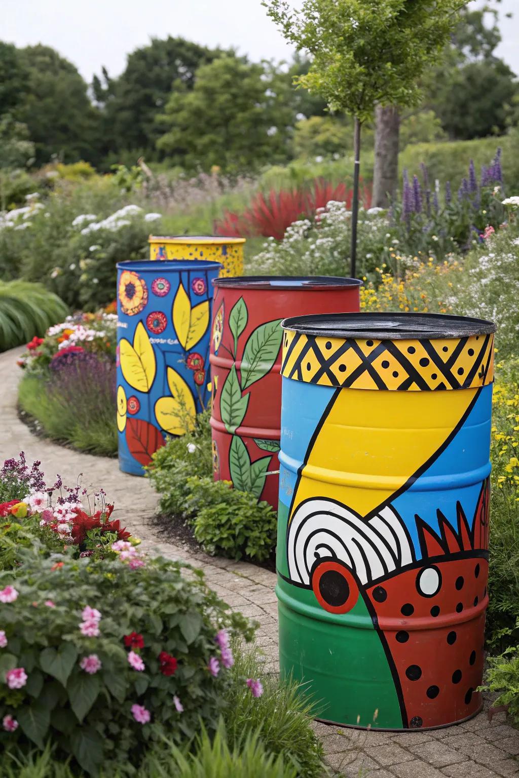 Funky modern art painted barrels