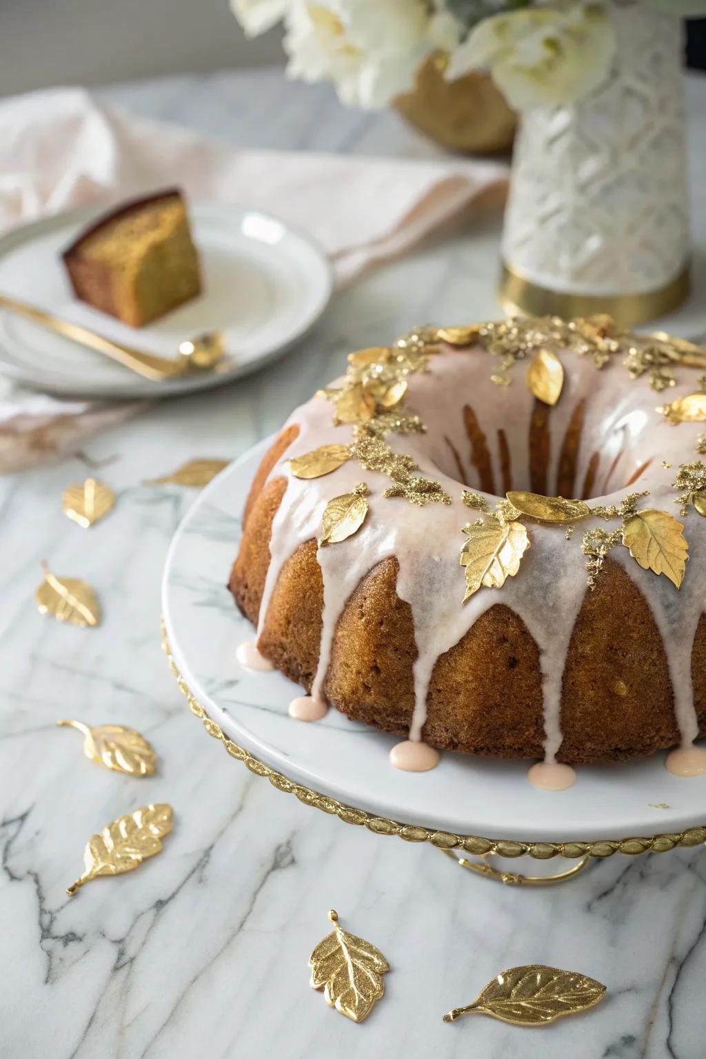 A bundt cake with lavish gold leaf decorations.