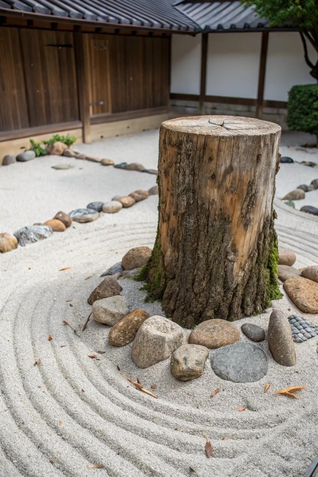Find peace with a zen garden fashioned on a tree stump.