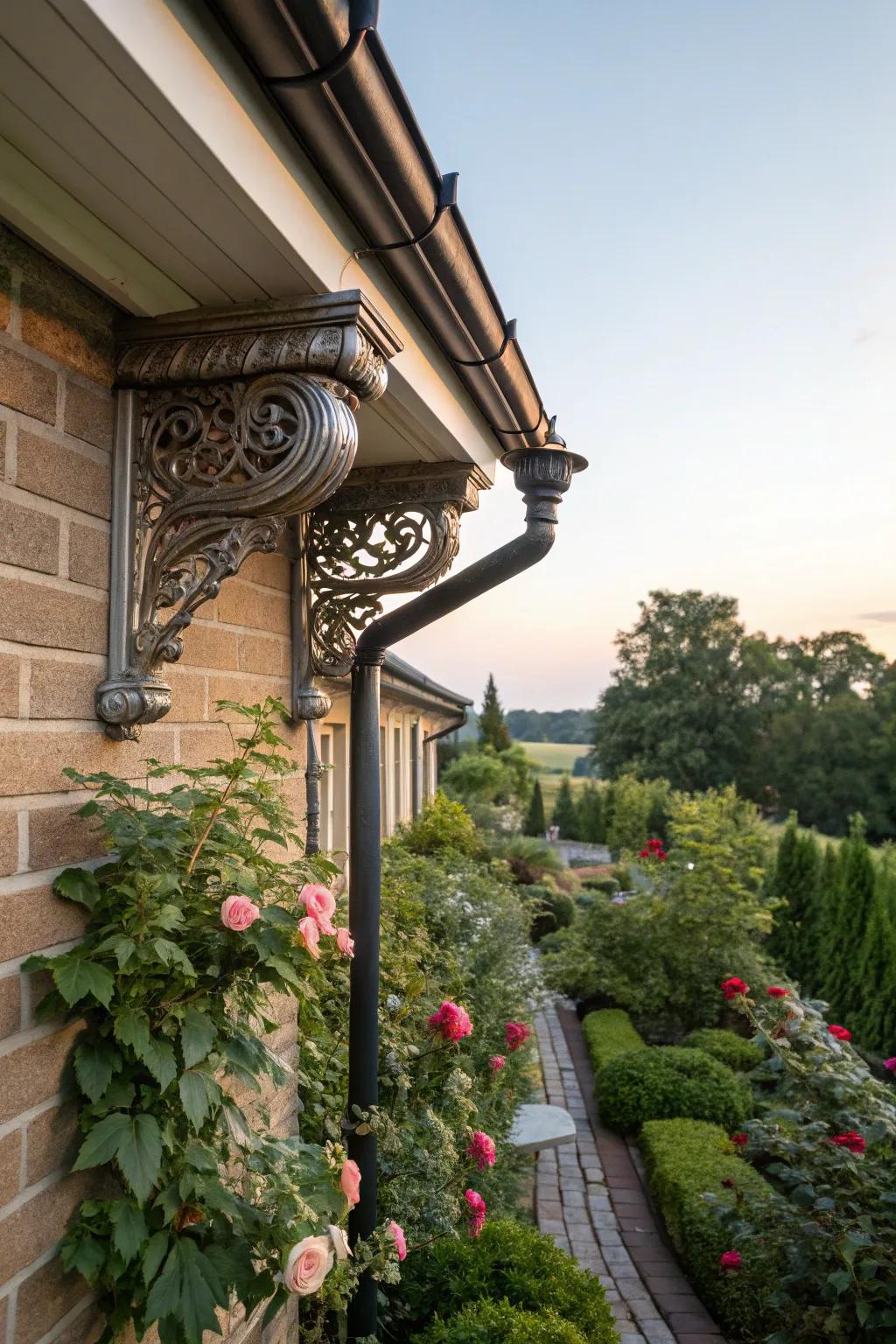 Decorative supports impart sophistication and allure to downspouts.