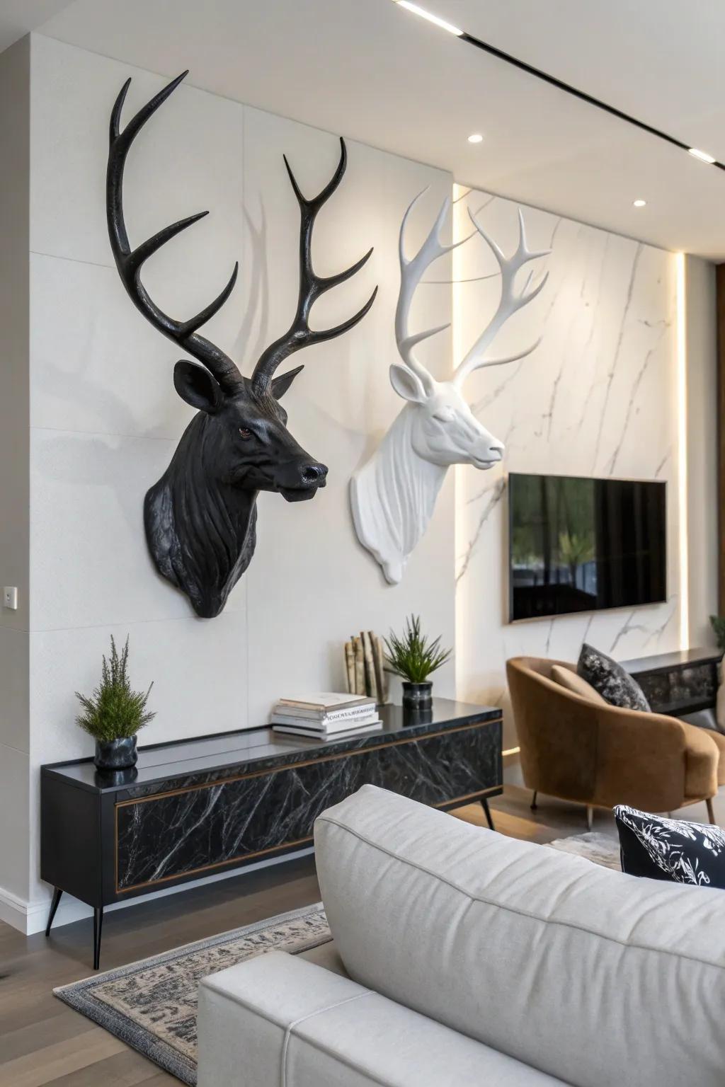 Solid painted deer antlers blend seamlessly into a contemporary home setting.