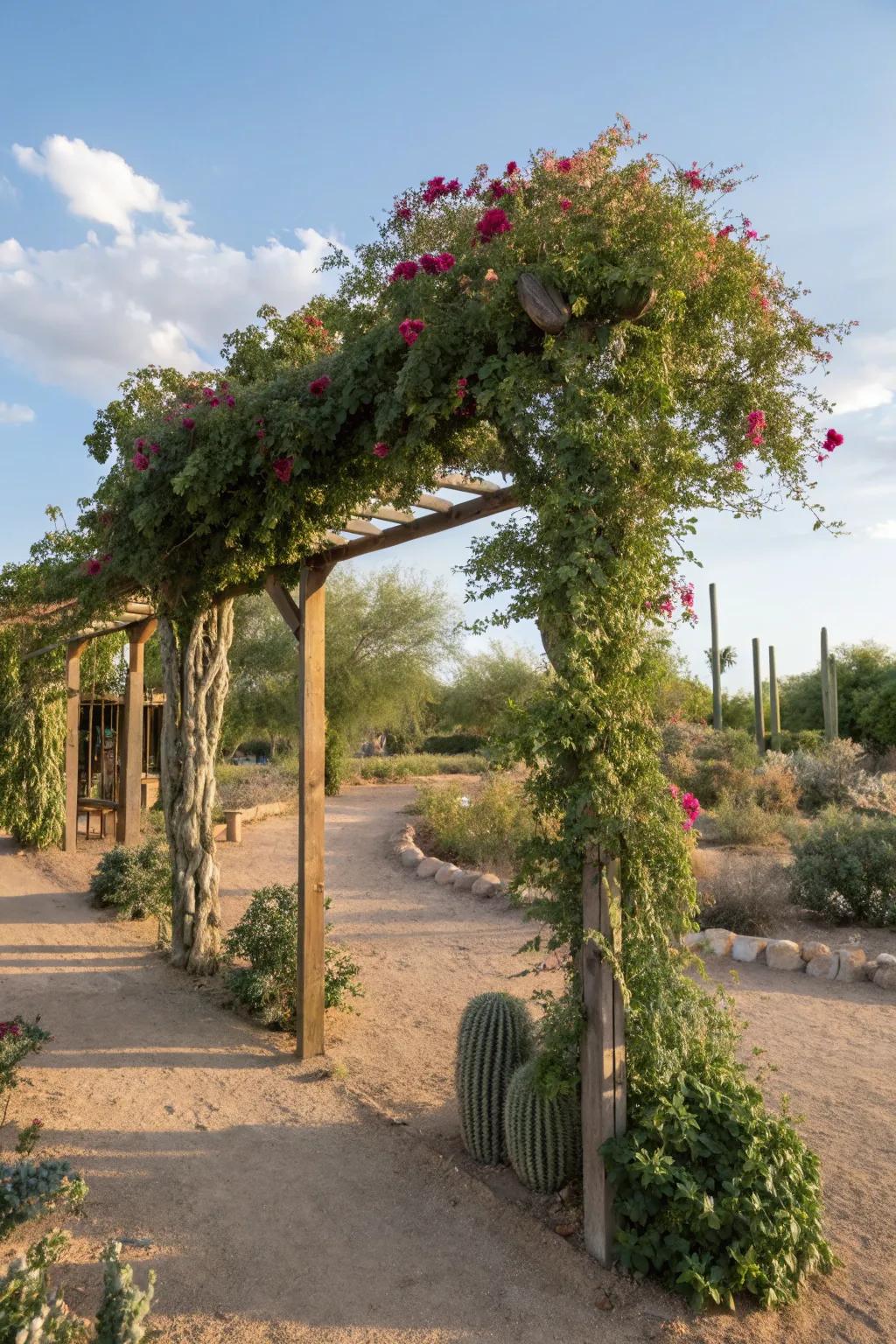 Trellises adding vertical interest and supporting climbing plants.