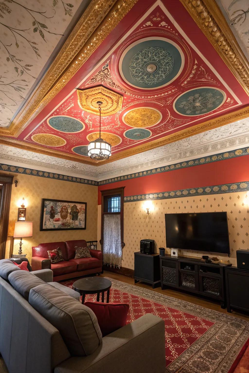 A creatively decorated overhead space that contributes an unexpected design element.