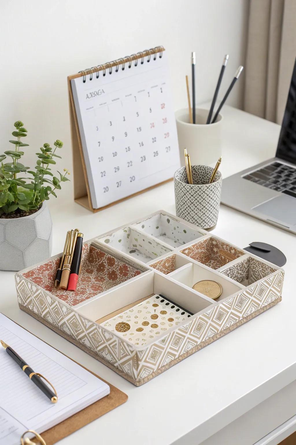 Decorative trays ensure a stylish and organized desk.