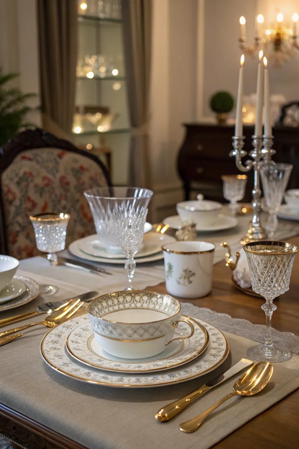 A dining table with elegant serveware displayed as decoration.