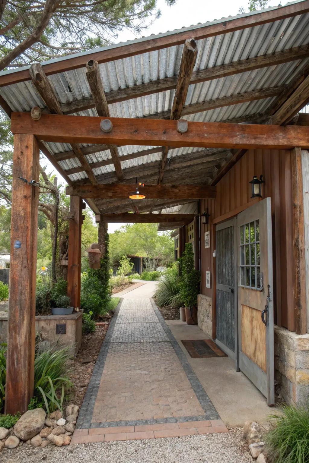 An entrance with an awning made from made-again stuff.