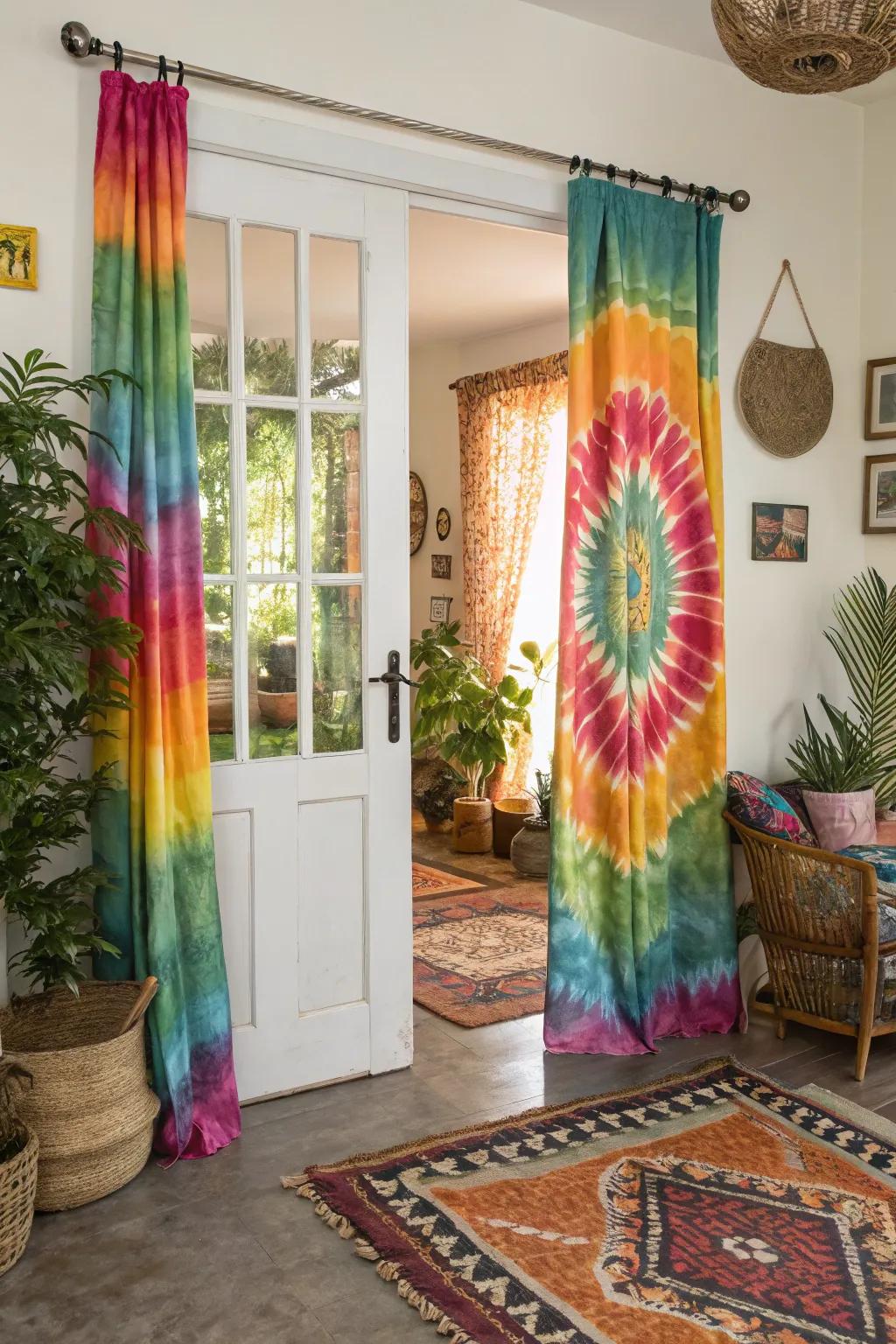 Infuse a free-spirit flair with vibrant tie-dye curtains.