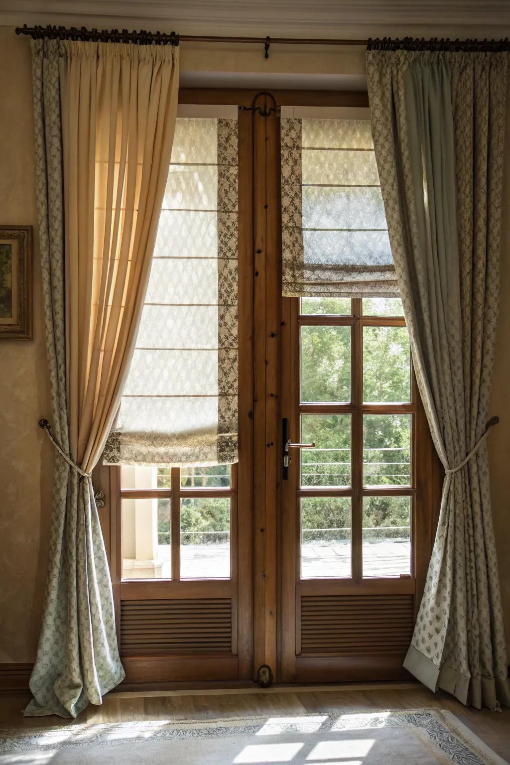 A multi-layered strategy offers versatile seclusion and style for door windows.