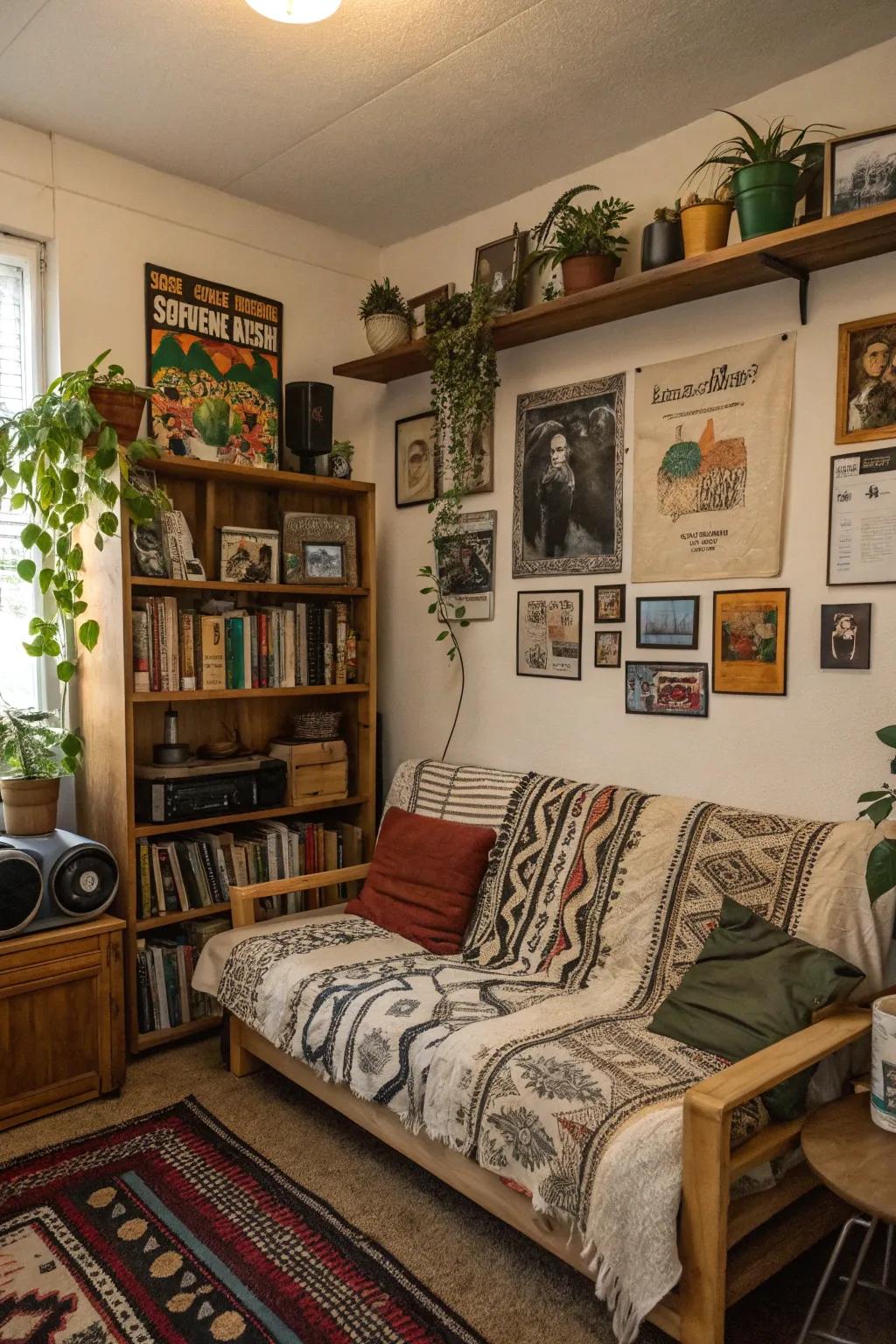 A vintage sofa adds charm and character to this eclectic dorm room.