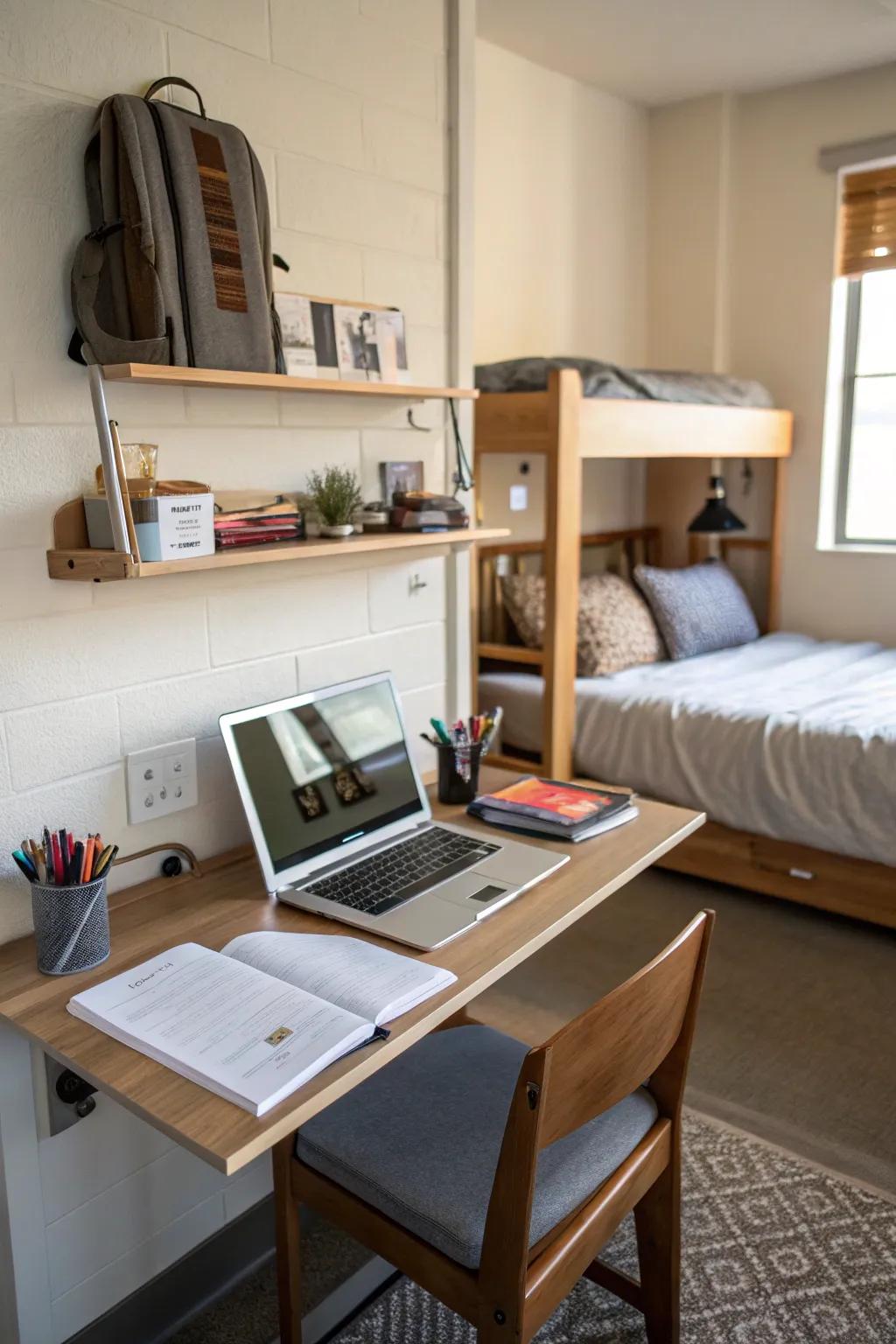A wall-mounted desk is a great workspace.