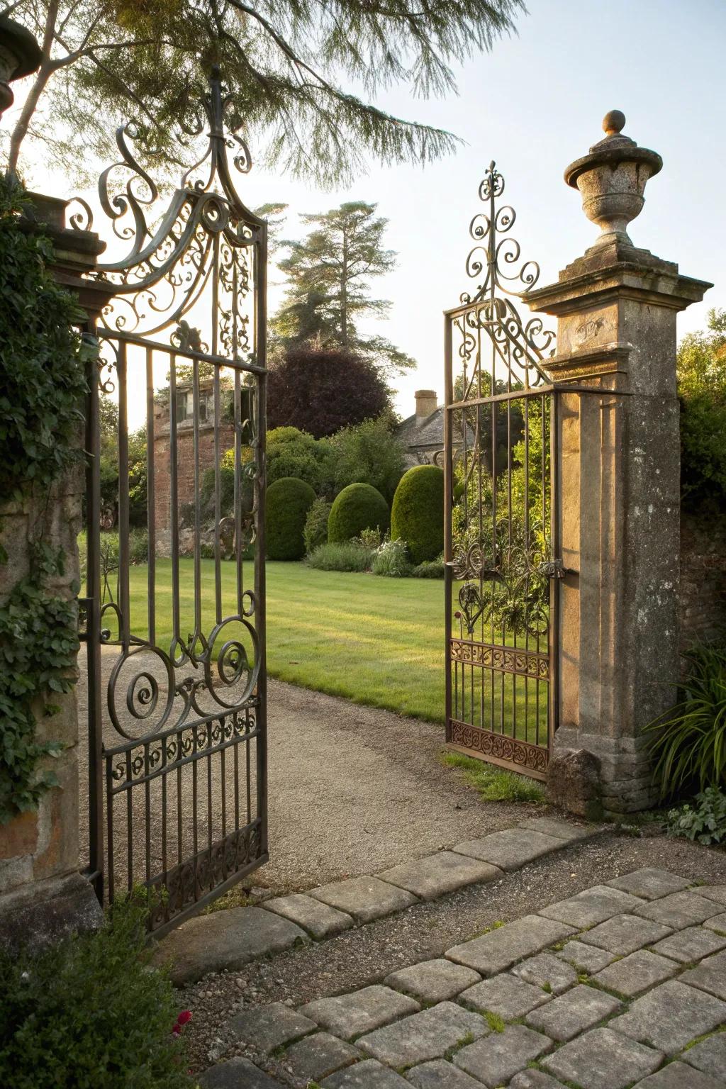 A retro forged iron gate exuding timeless charm and elegance.