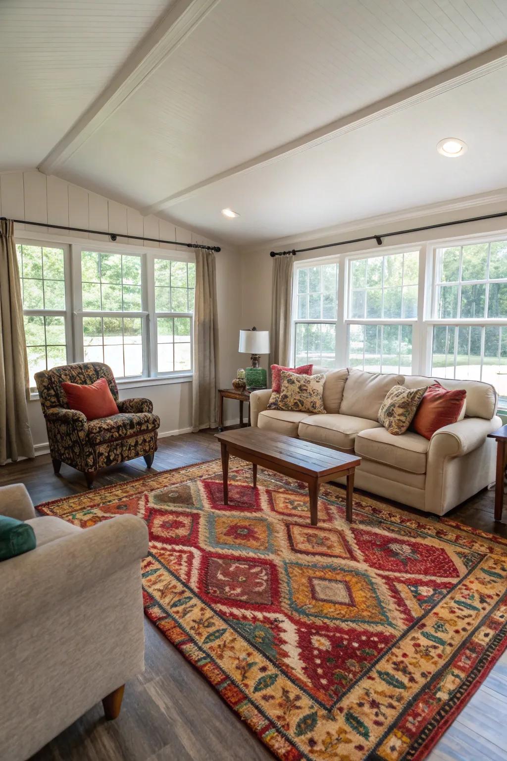 A statement floor covering can infuse tint and cohesion into your room.