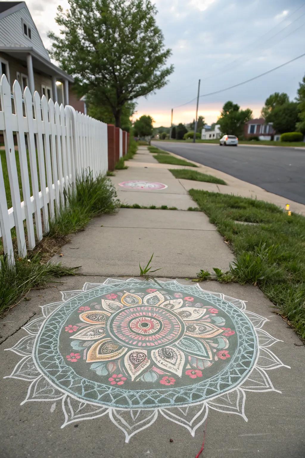 An intricate mandala design adds harmony to the pavement.