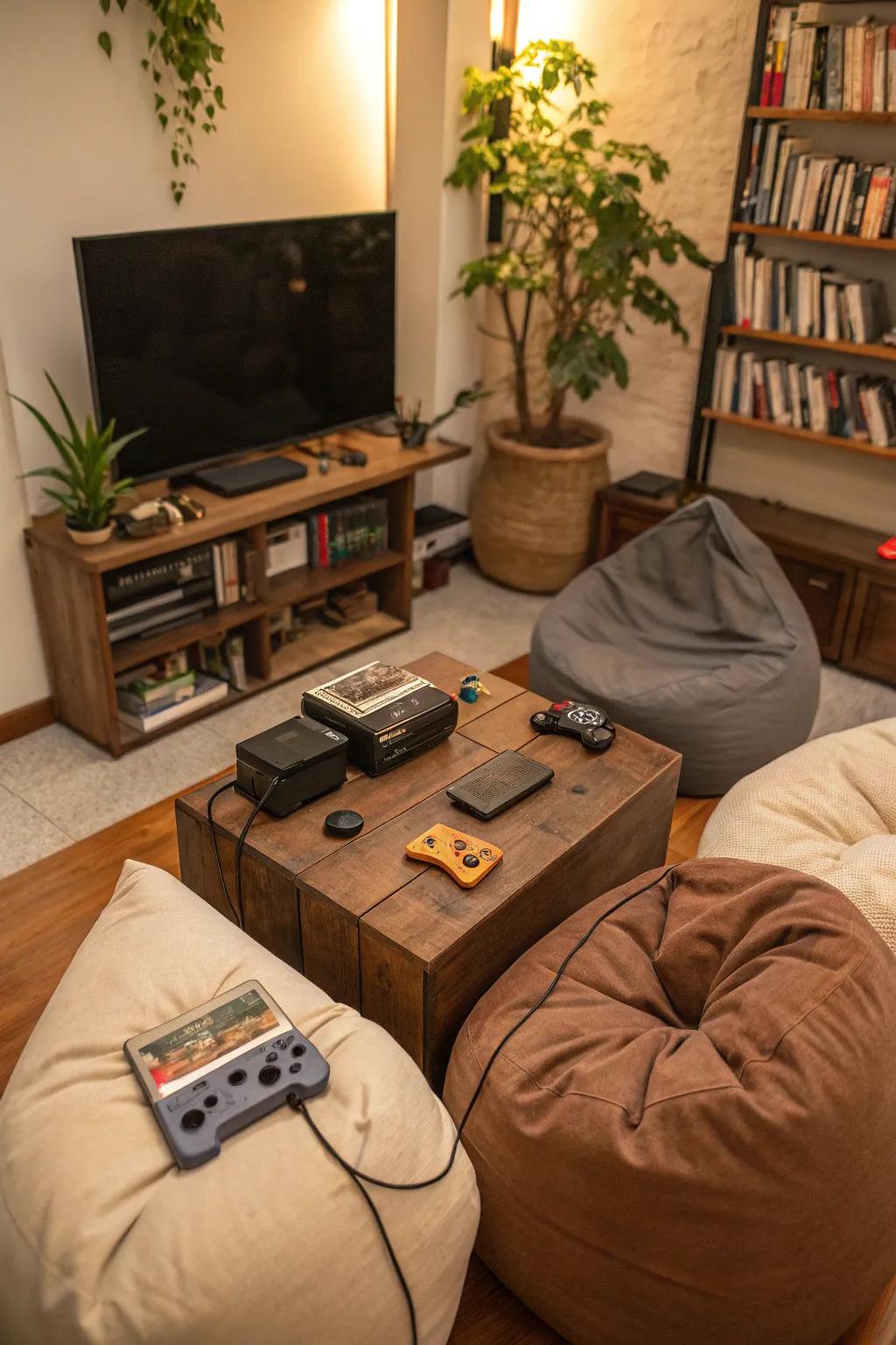 A gaming nook with bean bags delivers casual comfort.