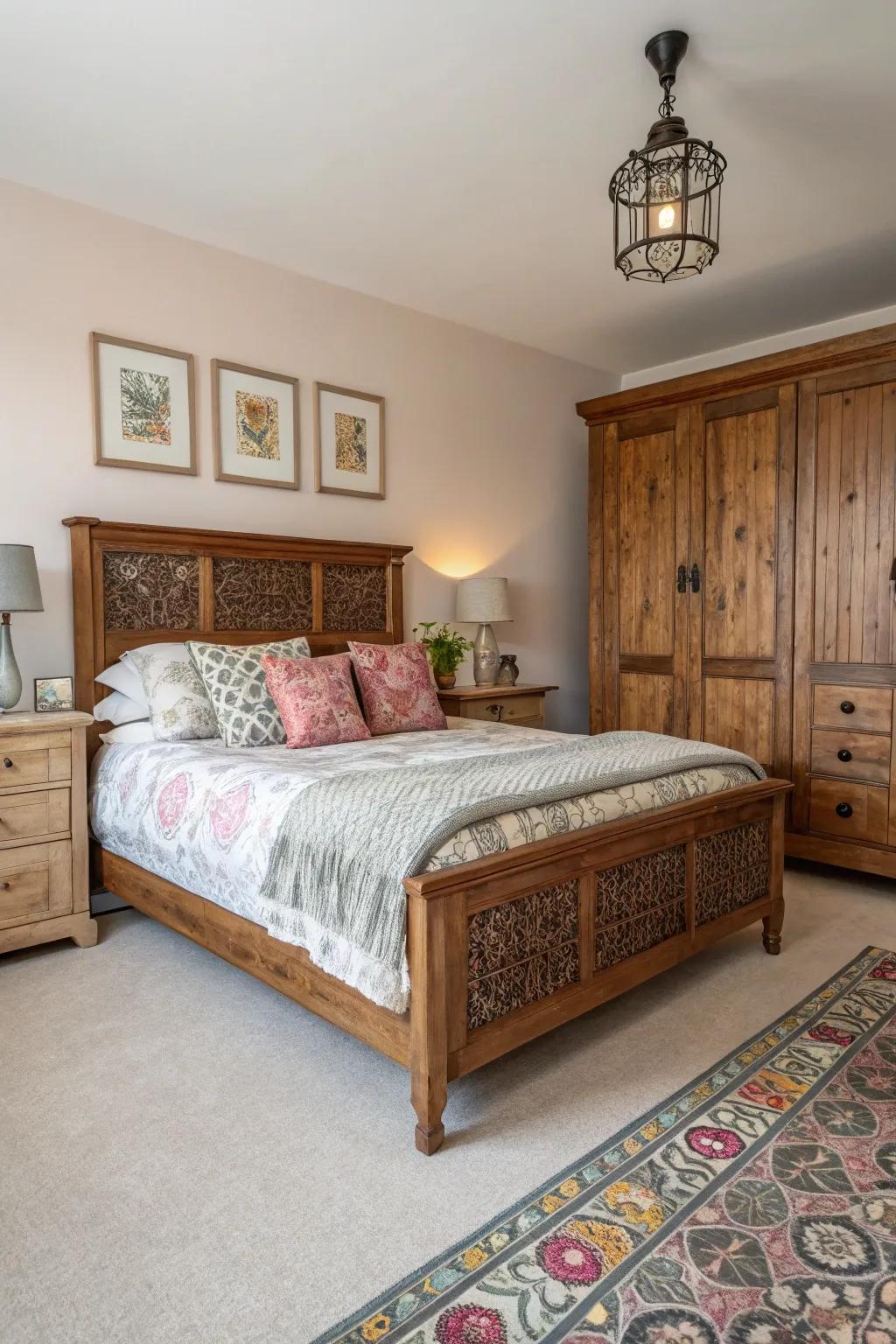 A bedroom mixing modern and classic styles to create a unique look.