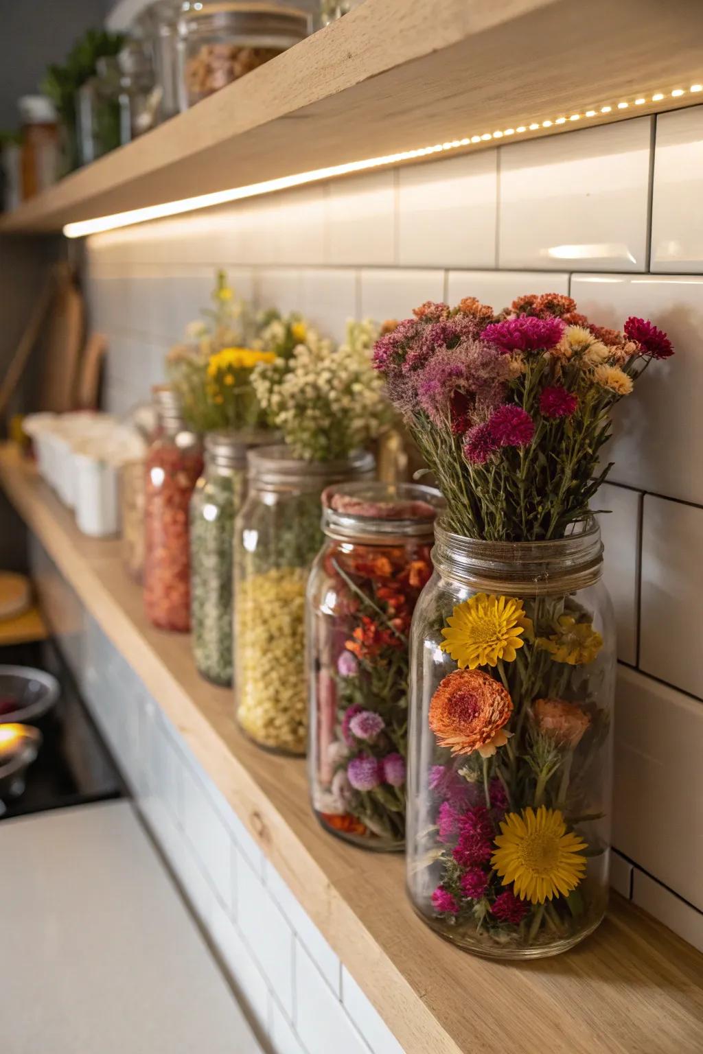 Intricate jar exhibits that provide a vibrant pop of color.