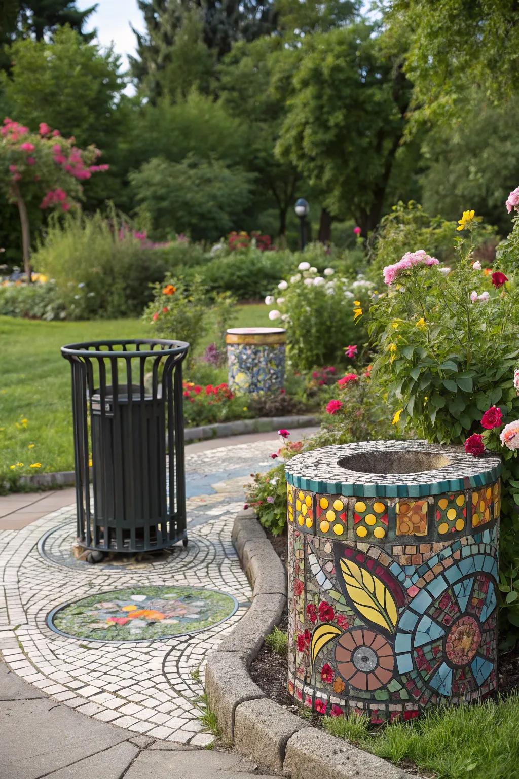 Tile art turns trash bin areas into artistic focal points.