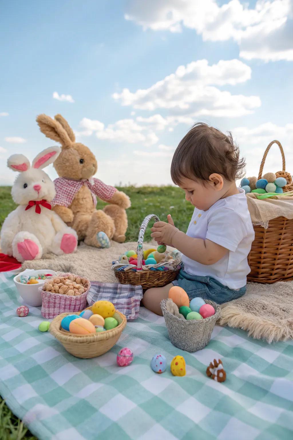 A delightful Easter picnic with plush companions.