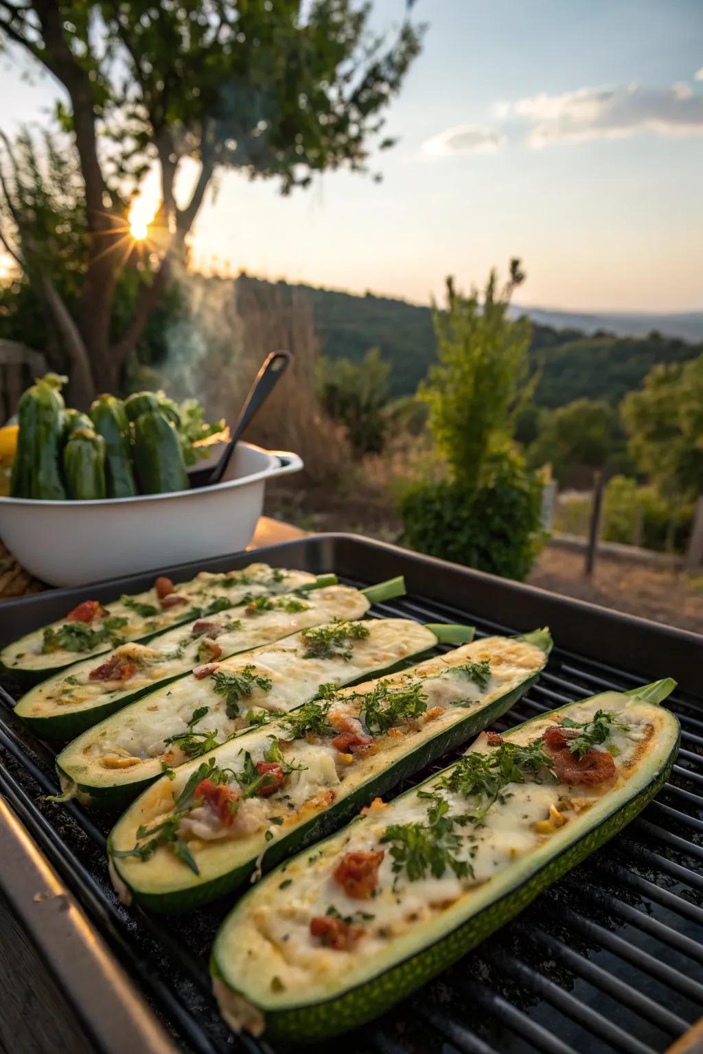 Cheesy gourd boats on the grill.