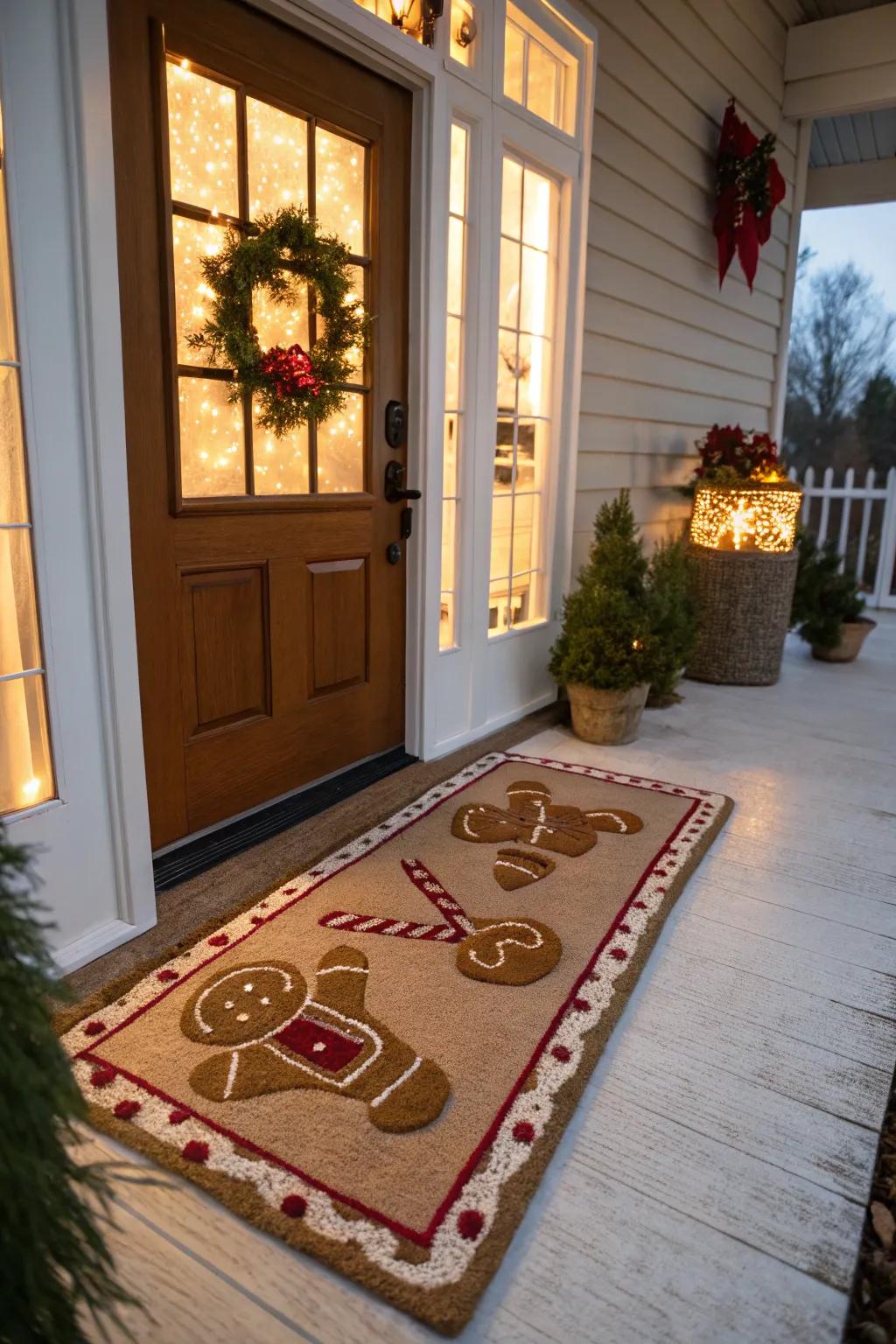 A gingerbread-themed floor covering completes the celebratory entrance.