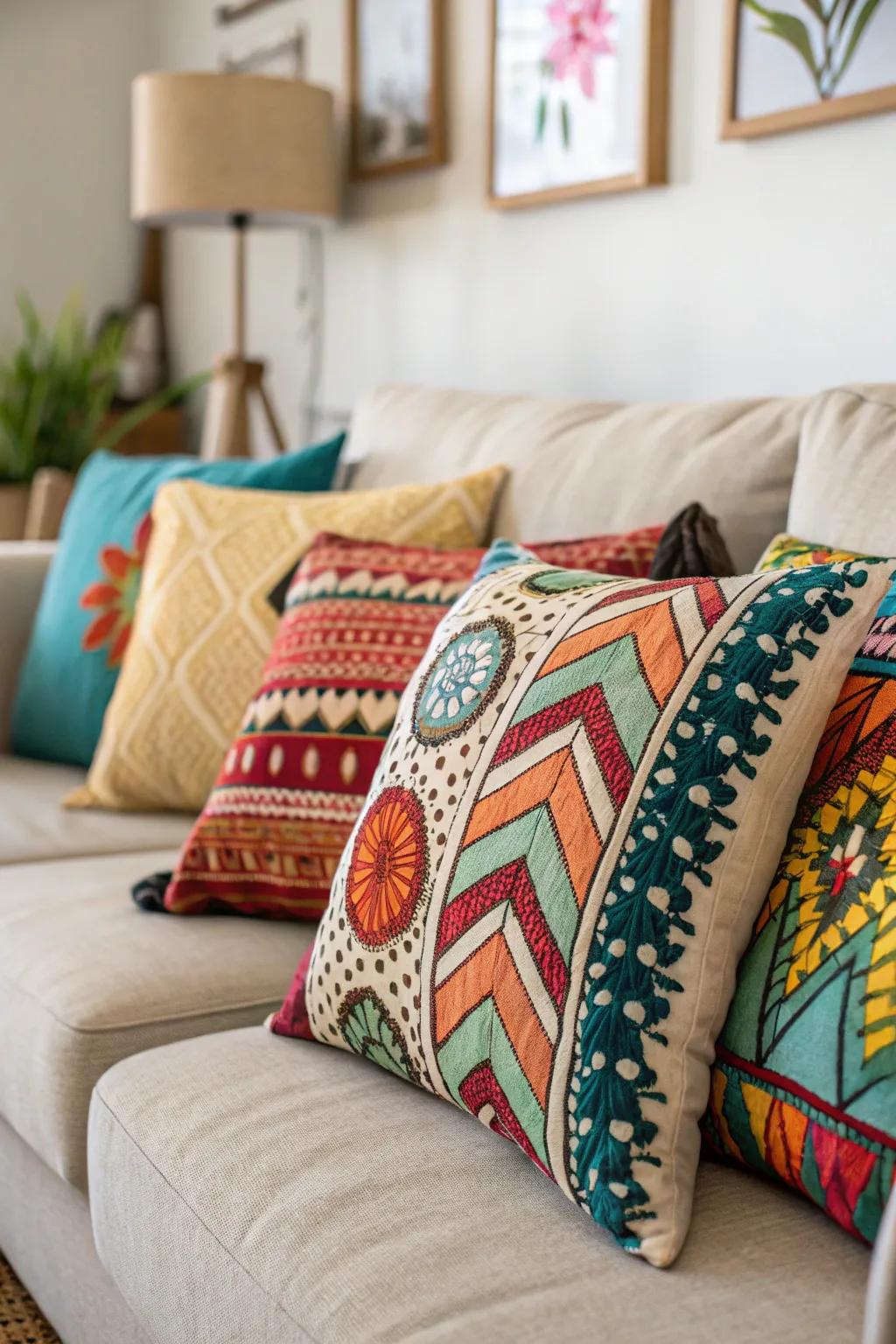 A sofa adorned with a diverse collection of patterned pillows.