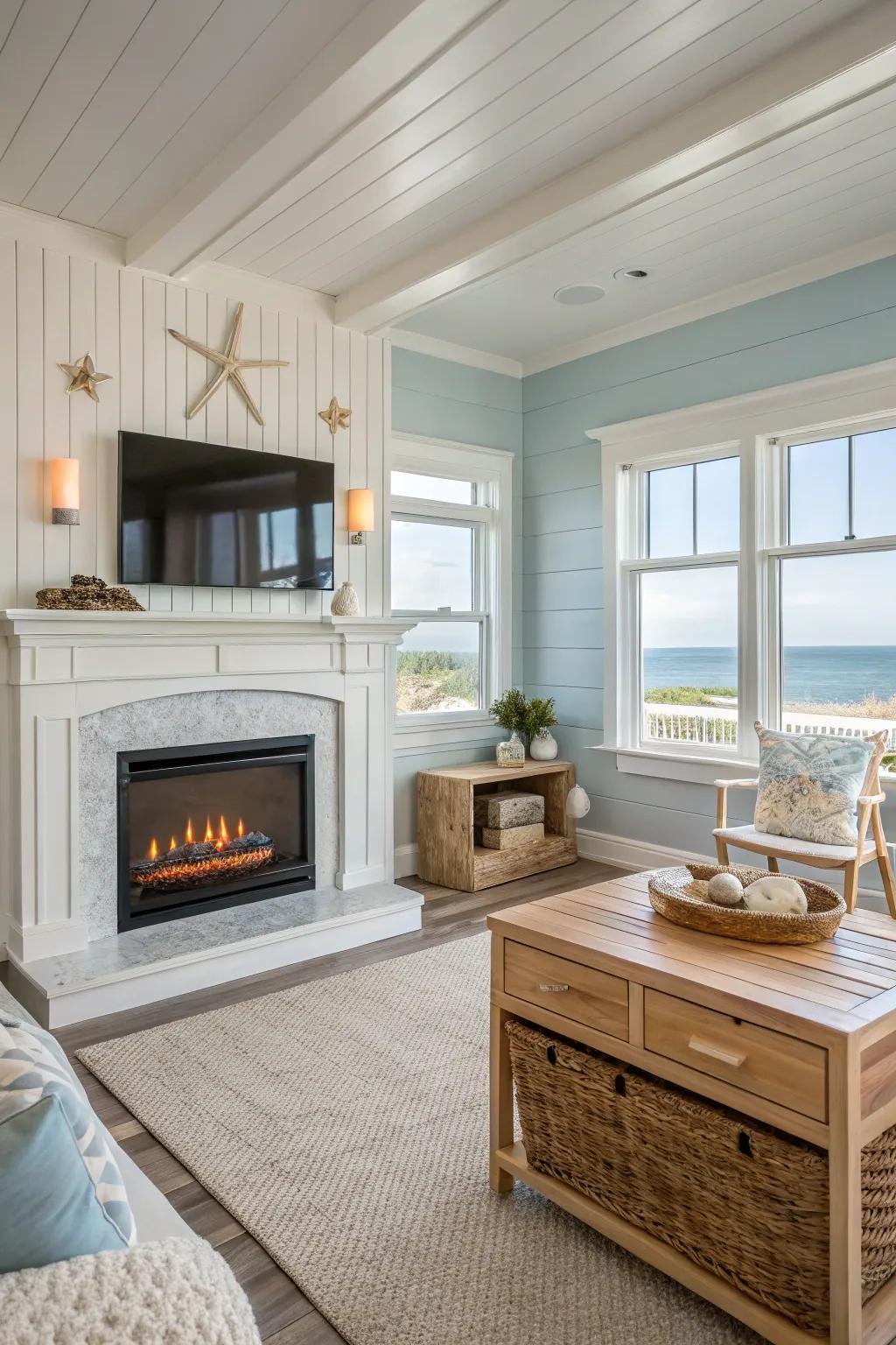 Coastal serenity with a beach-inspired setting around an electric fireplace.