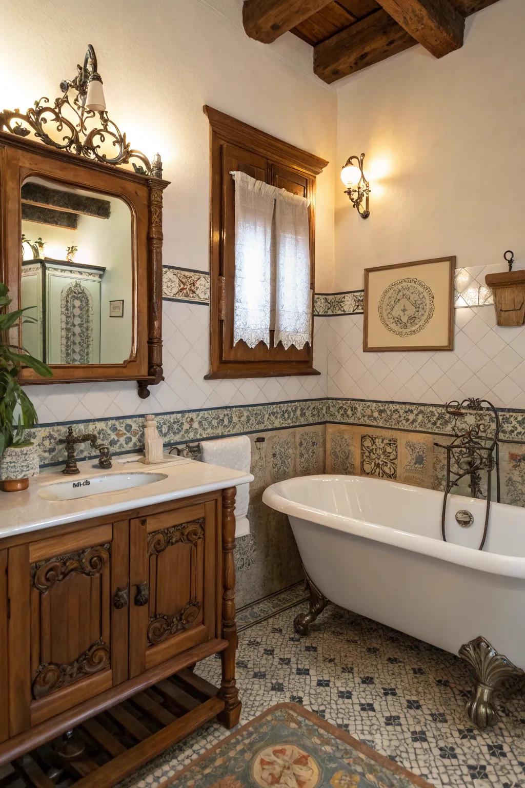 Vintage elements inject charm to this elegant bathroom.