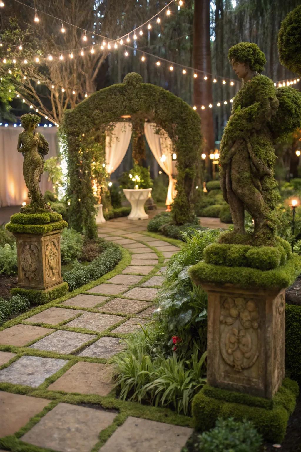 Moss-laden ornaments blend seamlessly with nature.