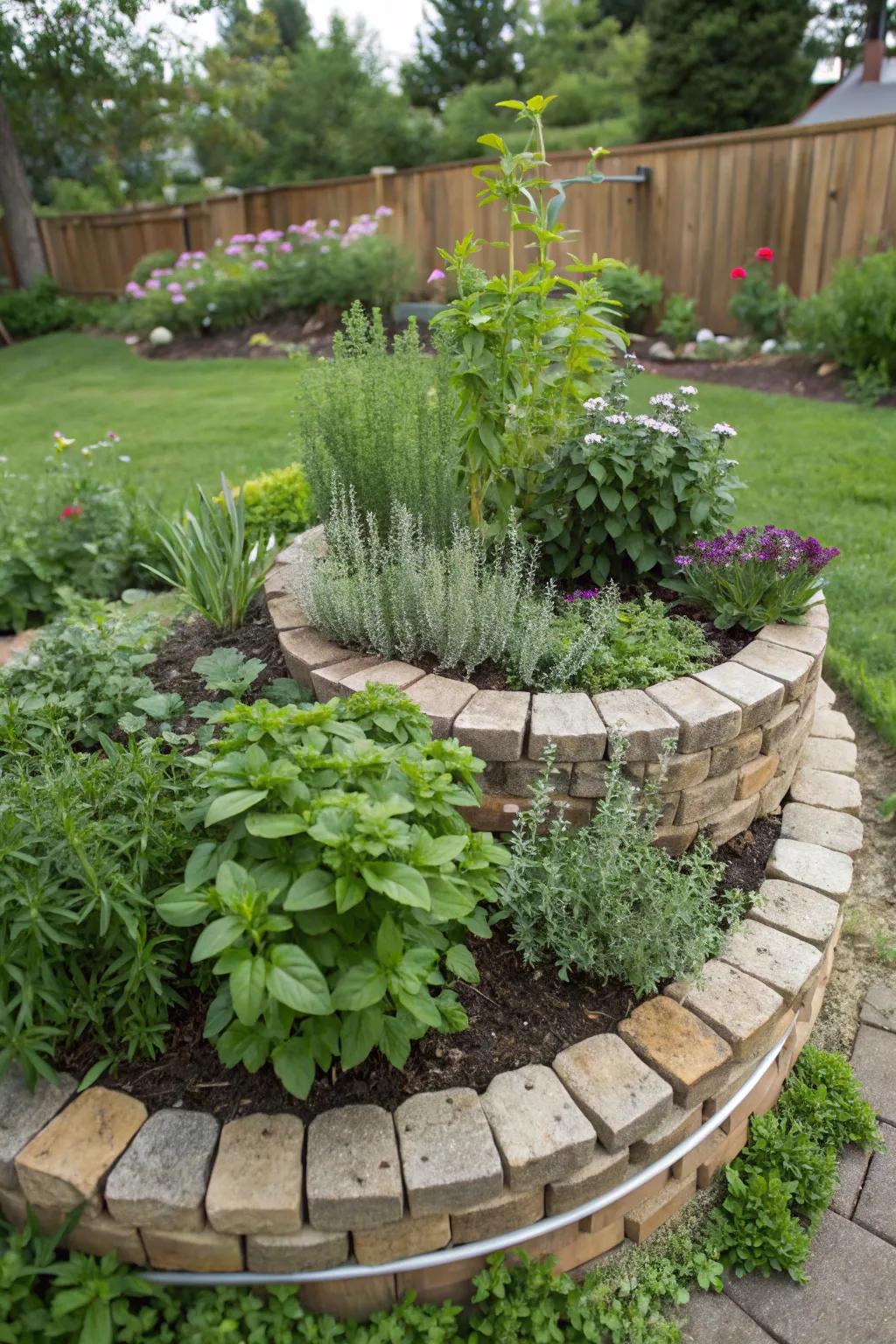 A coiled herb garden combines function with aesthetic appeal.