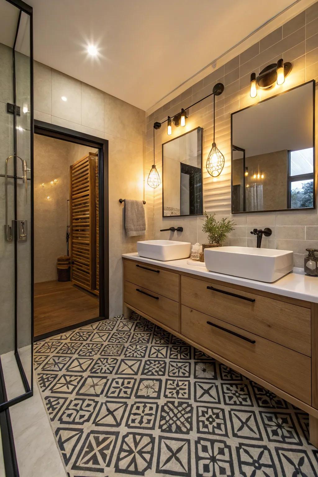 Geometric floor patterns add interest and character to the space.