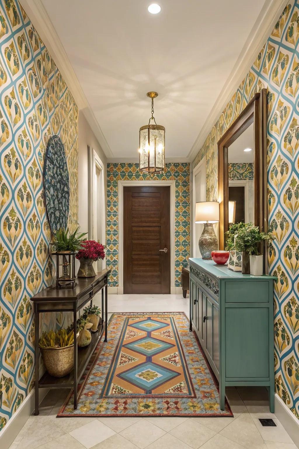 Geometric designs instill the foyer with modern style.