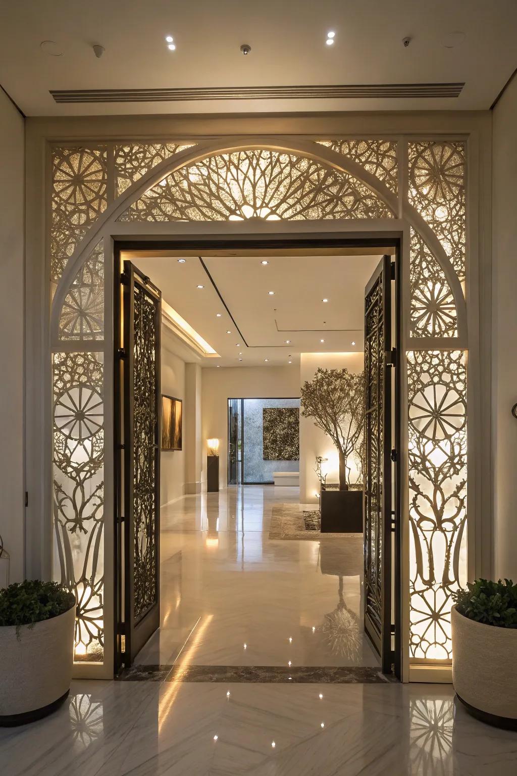 An entryway exhibits an artistic light installation, crafting a gallery-like atmosphere.